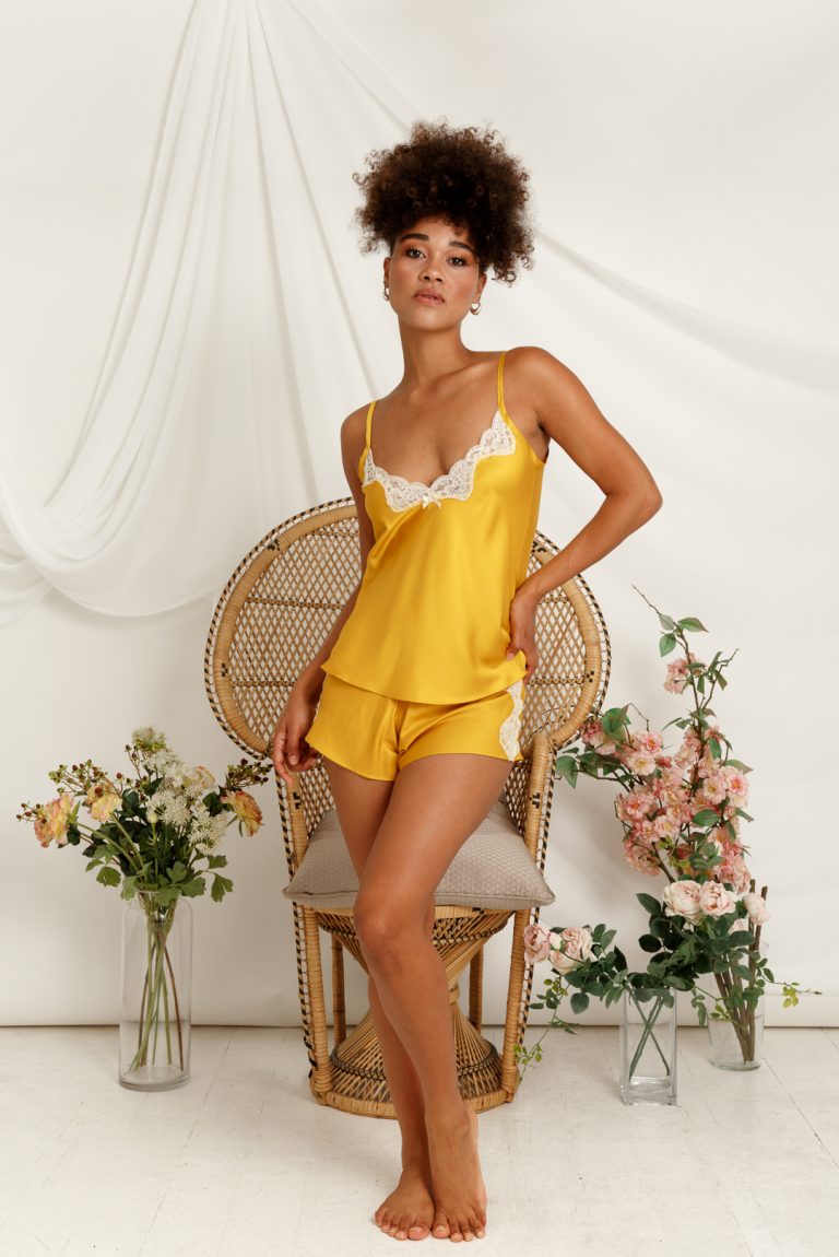 Model wearing luxury sustainable lingerie designed & ethically made in Brighton by Ayten Gasson Lingerie.
