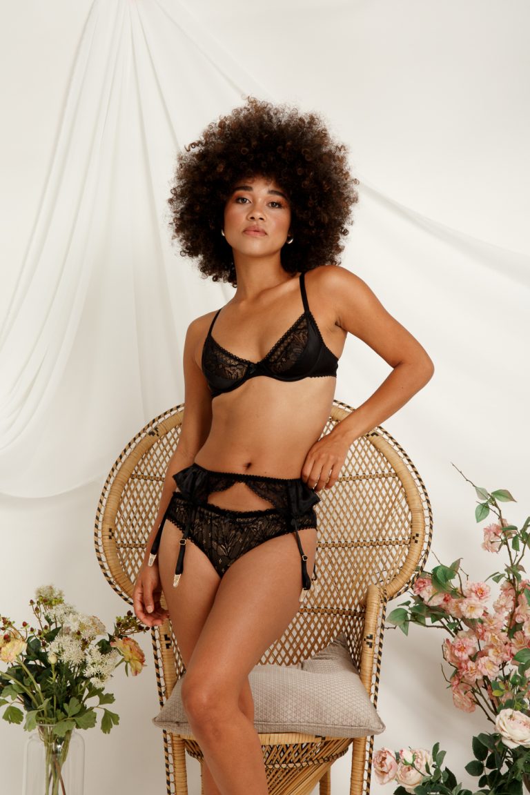 Model wearing luxury sustainable lingerie designed & ethically made in Brighton by Ayten Gasson Lingerie.